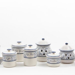 The kitchen jars set with Teate decoration is composed of 8 jars. Ceramiche Liberati, Italy