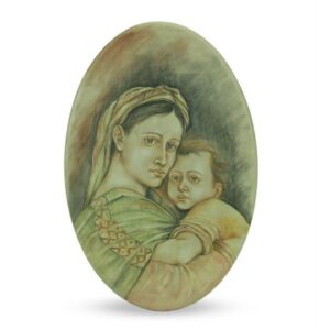 Ovale in ceramica, dipinto a mano Madre Maria e Gesù bambino, Ceramiche Liberati