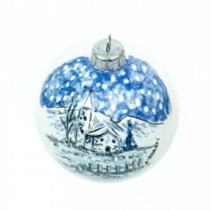 Pallina a sfera per Natale, paesaggio invernale blu bianco, Ceramiche Liberati