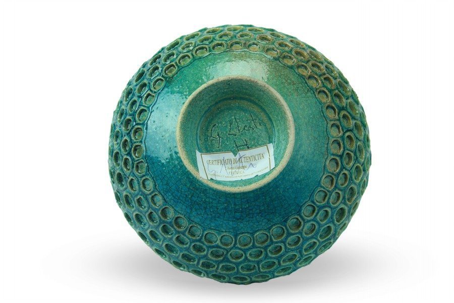 Centrotavola blu acqua in ceramica lavorazione raku, Ceramiche Liberati