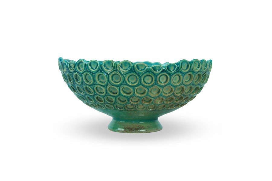 Centrotavola blu acqua in ceramica lavorazione raku, Ceramiche Liberati