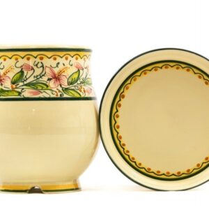 Artisanal ceramic cutlery strainer with small plate, Orchidea decoration, Ceramiche Liberati
