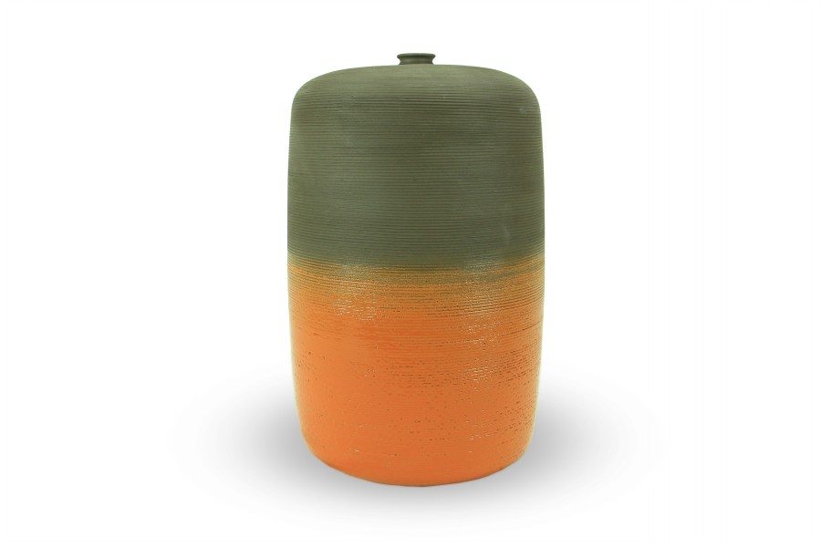 Bottiglia cilindro in argilla nera e smalto arancio, Ceramiche Liberati