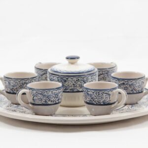 Ceramic coffee set for six with sugar jar and tray, Orchidea decoration, Ceramiche Liberati