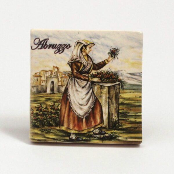 Magnete frigo donna abruzzese con mazzetto di fiori