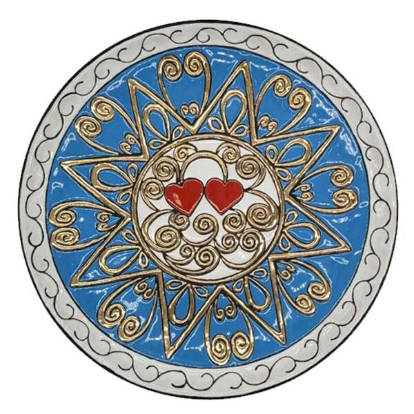 Piatto decorativo in ceramica Presentosa con due cuori rossi e oro zecchino