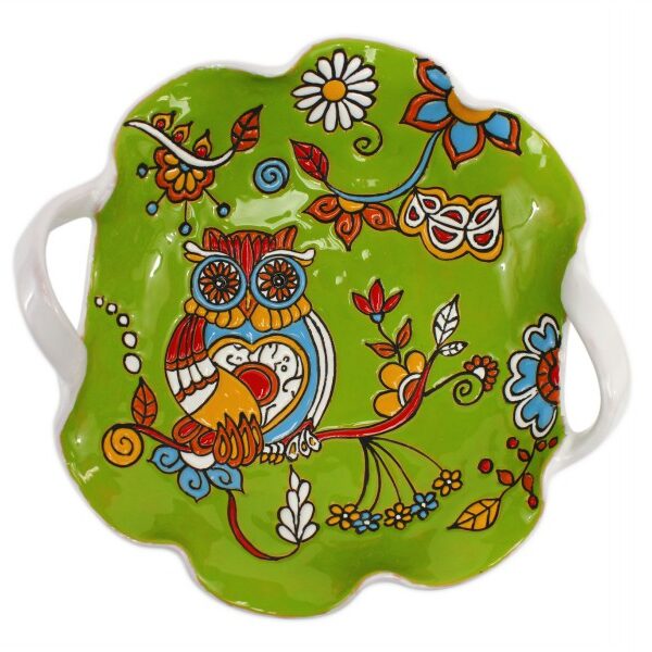 Centrotavola fruttiera in ceramica cuerda seca con due manici Gufo