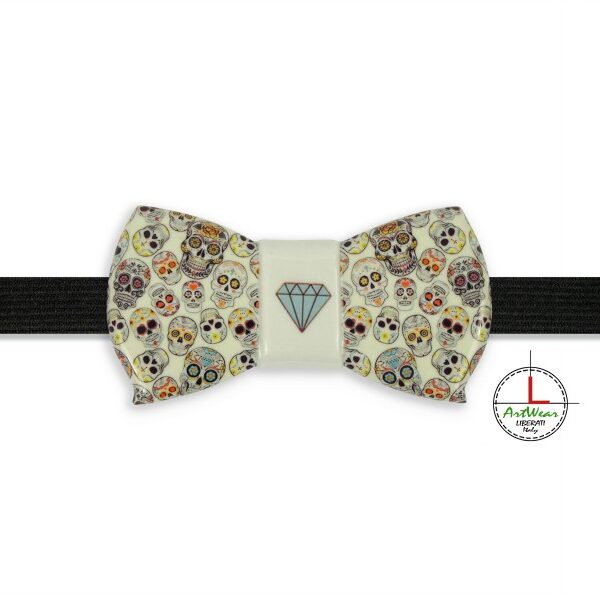 Papillon in ceramica Romantico decoro Teschi Messicani bianco ghiaccio