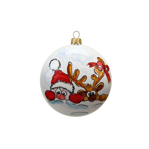 Pallina in ceramica con Babbo Natale e renna dipinto a mano
