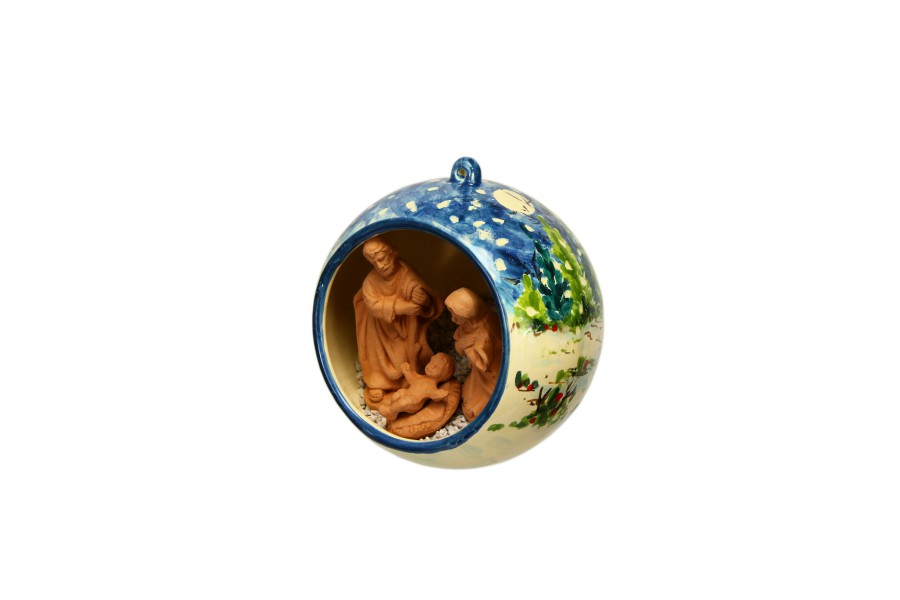 58NAT Sfera con Presepe in ceramica decoro paesaggio a colori con cielo blu zoom Ceramiche Liberati