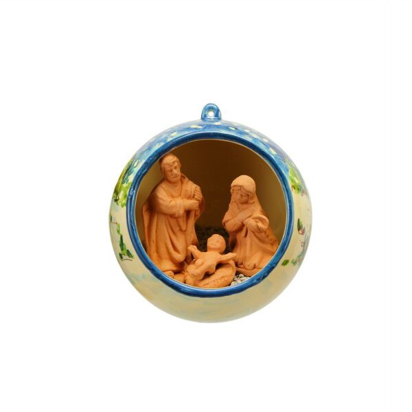 Sfera con Presepe in ceramica, decoro paesaggio blu