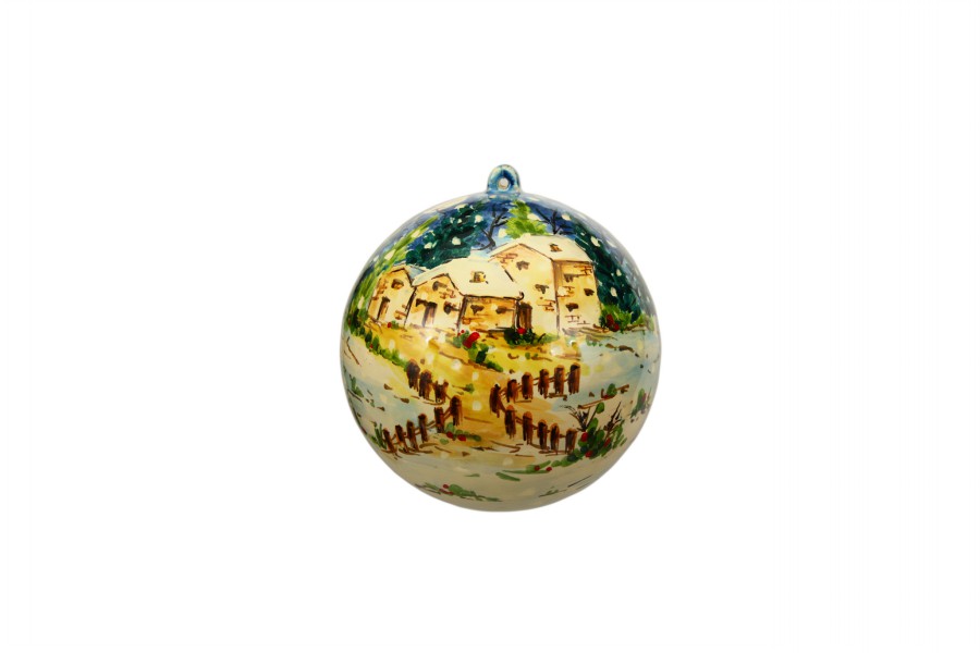58NAT Sfera con Presepe in ceramica decoro paesaggio invernale a colori con cielo blu Ceramiche Liberati