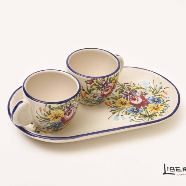 Coppia di tazzine con Vassoio in Ceramica Fioraccio